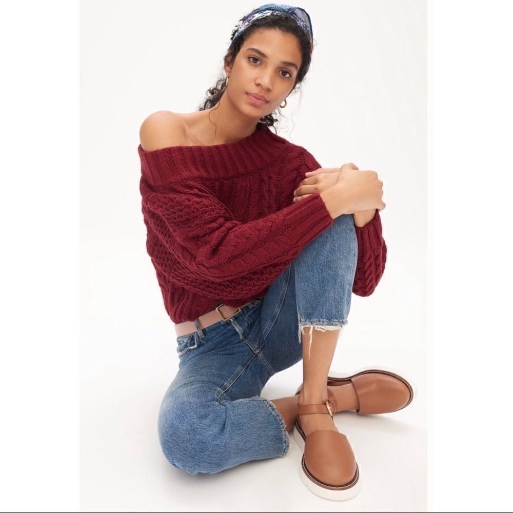 NEW Anthropologie Melissa On or Off-The-Shoulder Wine Cable-Knit Sweater X-Small